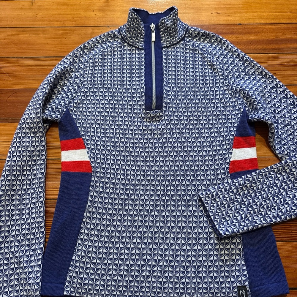 Women’s Vintage NEVE Blue,White,Red Patterned Quarter-zip wool blend Sweater, M